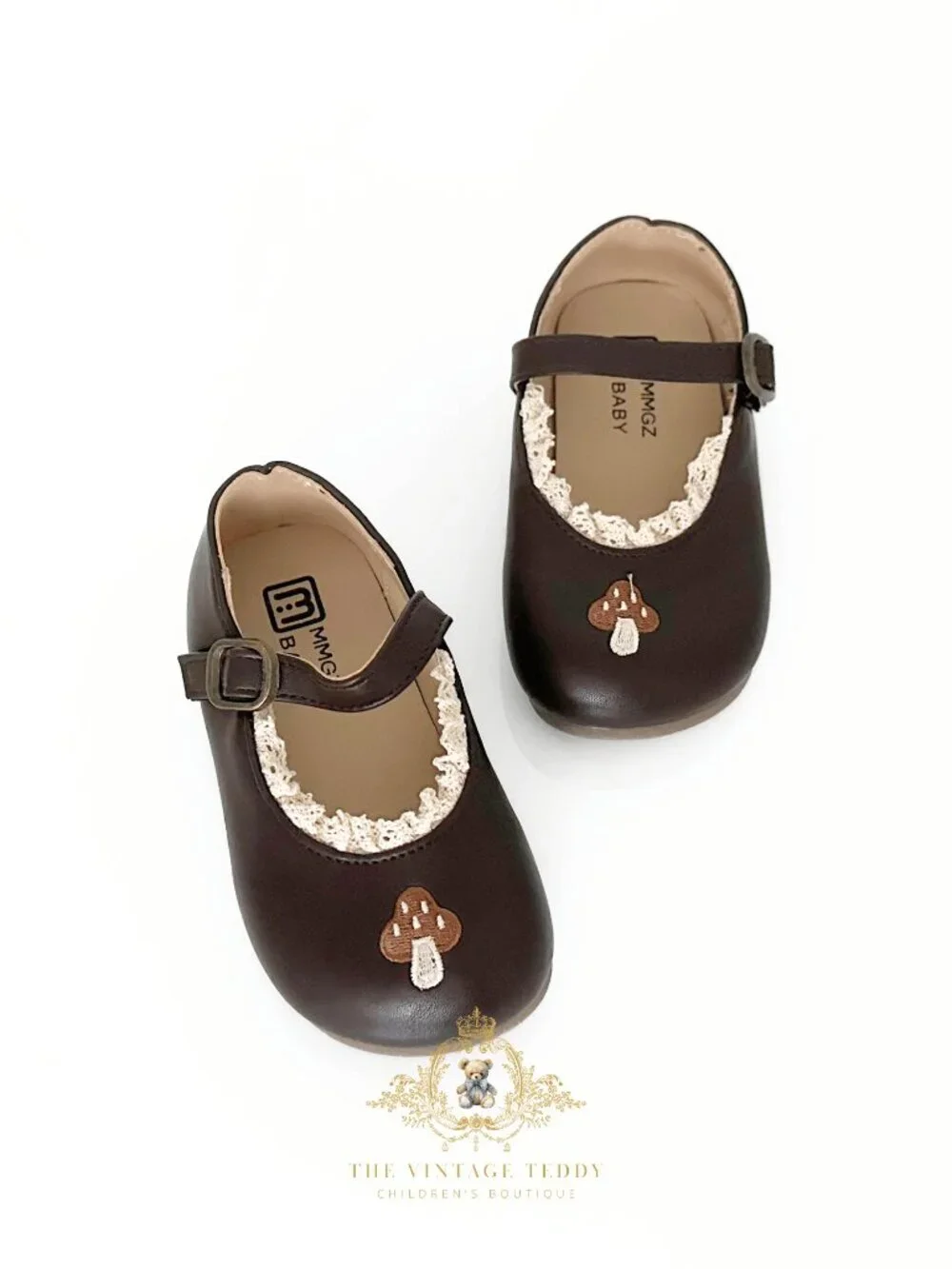 NWT Pretty Girls Embroidered Mary Jane Flats Children's Shoes Mushroom Brown 8.5